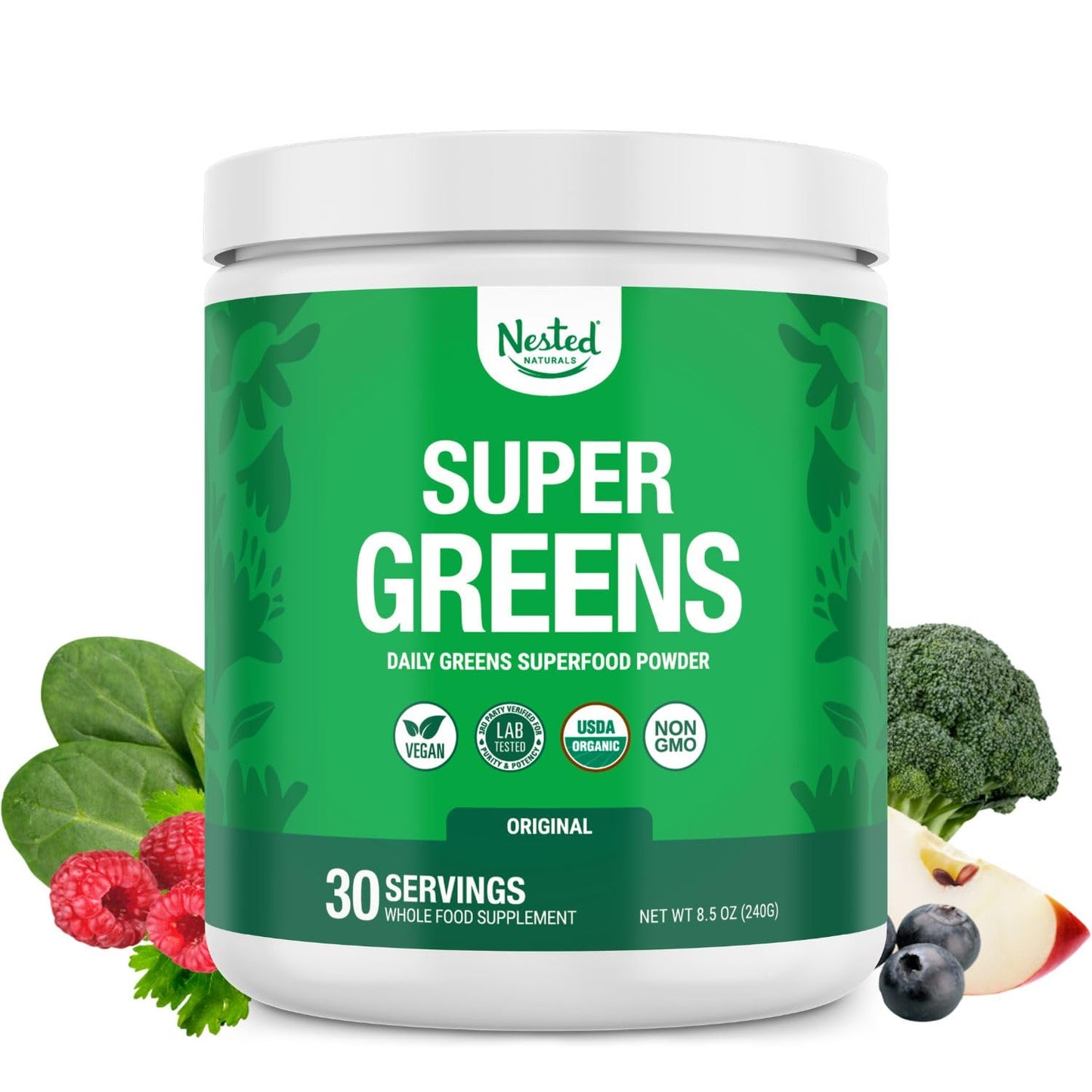 Nested Naturals Super Greens Daily Superfood Powder (Powder, 30 Servings) & Magnesium Glycinate Chelate (Capsules, 120)
