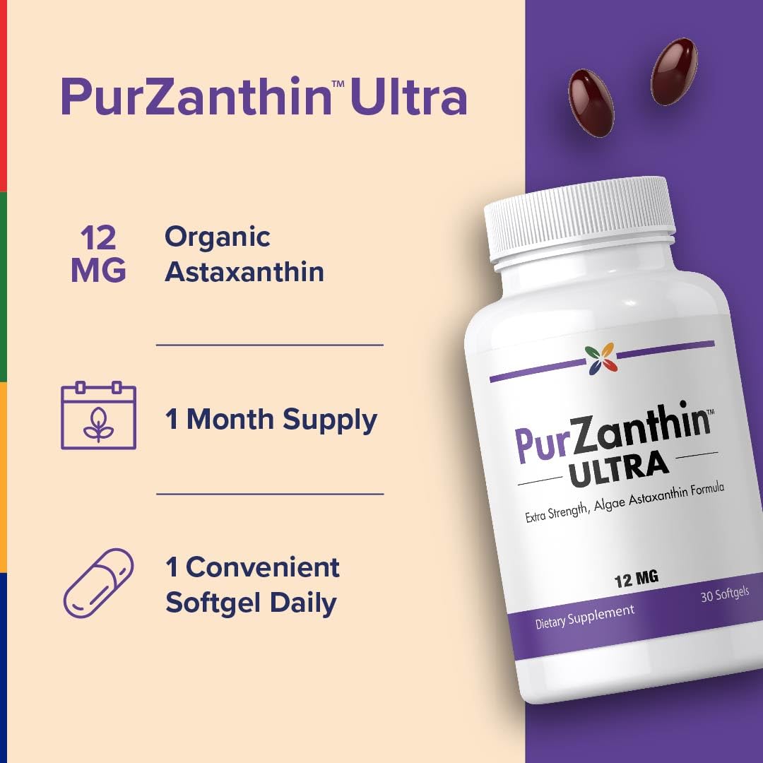 Stop Aging Now Organic Astaxanthin Supplement PurZanthin 12mg Extra Strength Softgels, 30 Count