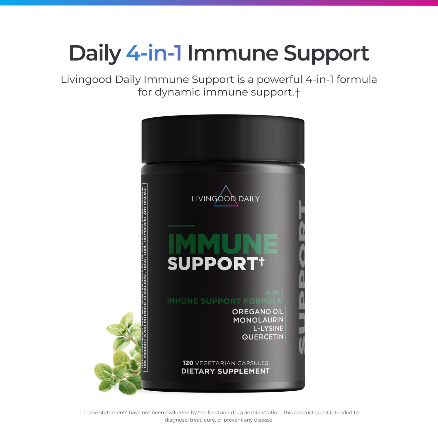 Livingood Daily Immune Support Supplement, 4-in-1 Formula with Oregano Oil, Monolaurin, L Lysine & Quercetin, Gut & Digestive Health, 120 Capsules