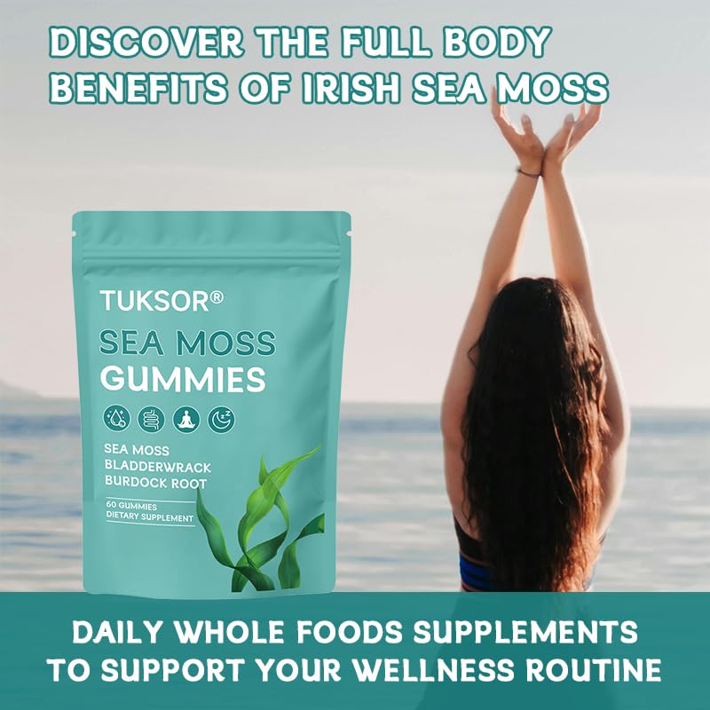 TUKSOR Organic Sea Moss Gummies with Black Seed Oil, Burdock Root, Ashwagandha & Bladderwrack – Herbal Energy, 60 Gummies