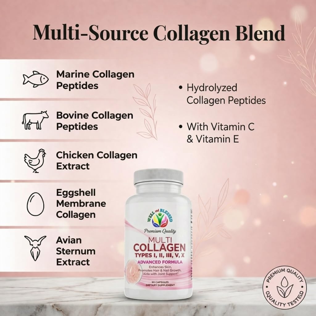 Well and Blessed Multi Premium Collagen Capsules for Women with Vitamin C & E, 90 Count