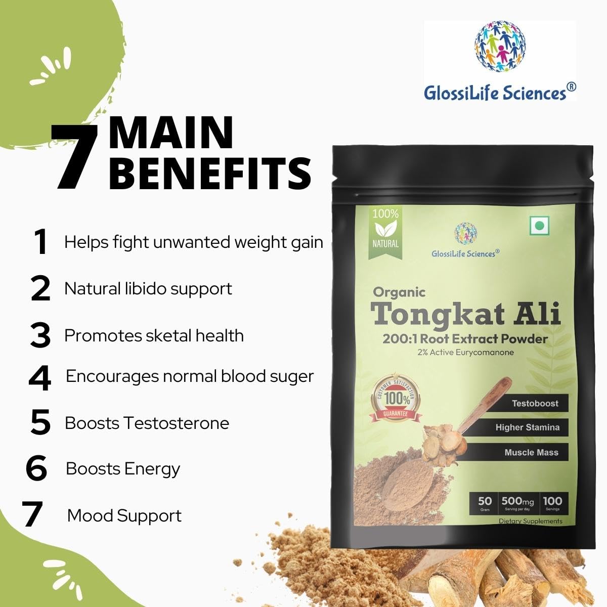GlossiLife Sciences Tongkat Ali Extract Powder, 3.5 oz