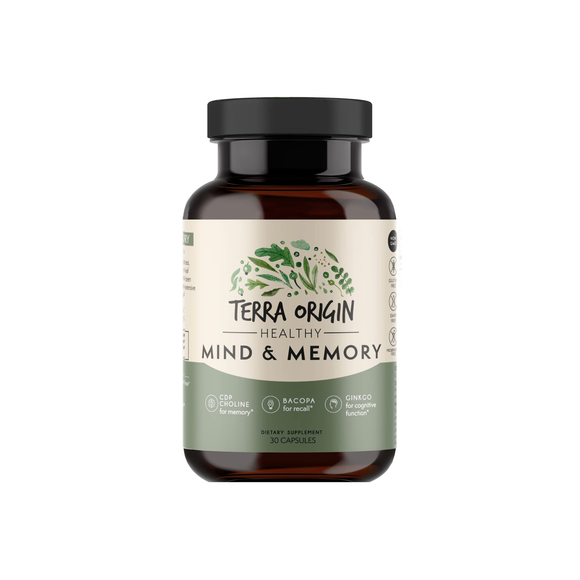 TERRA ORIGIN Healthy Mind and Memory Support Supplement Cognitive Memory Matrix Nootropic CDP, Bacopa, L-Tyrosine, Huperzine A, Ginkgo, B12 Capsule 30 Count