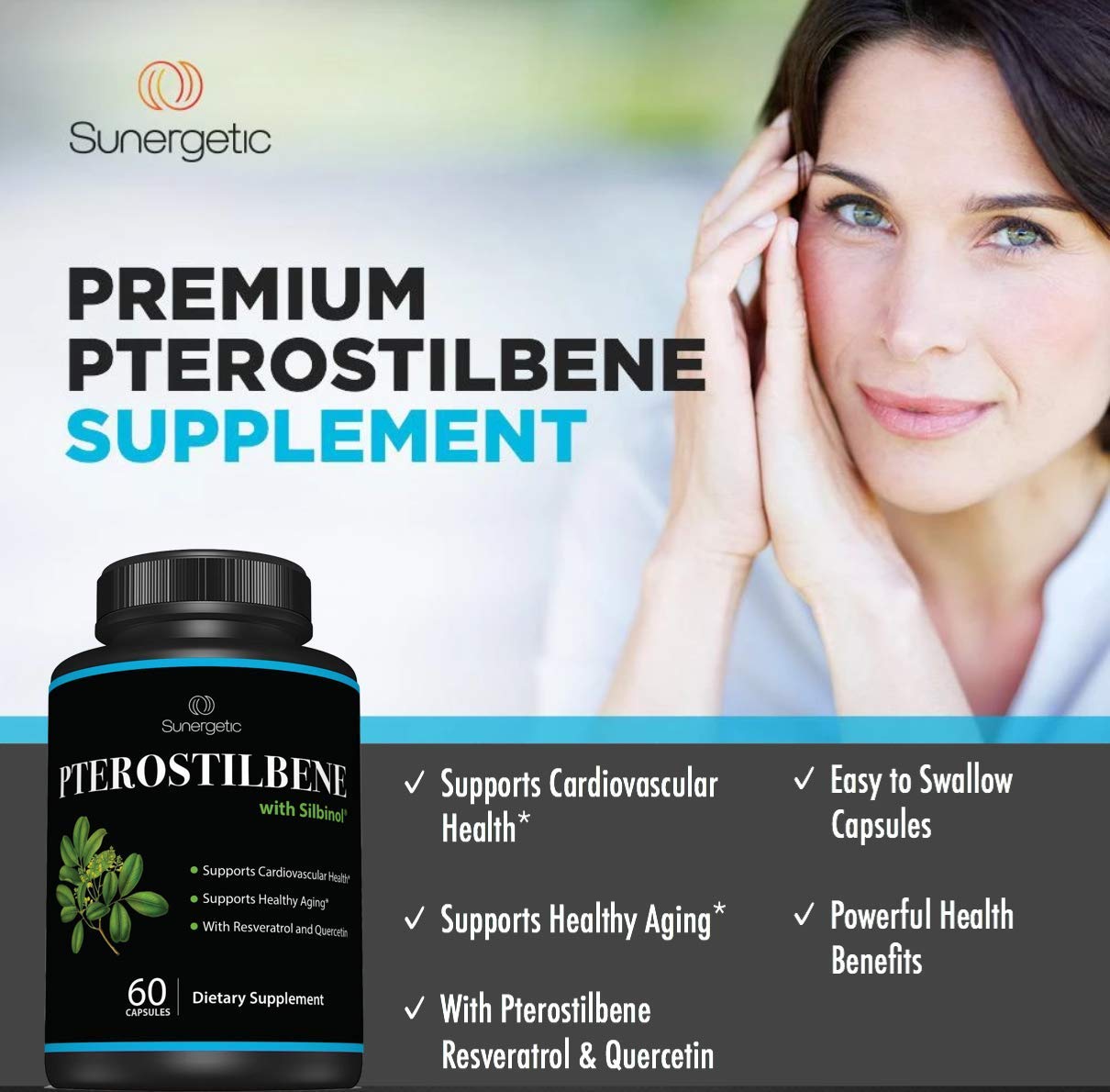Sunergetic Pterostilbene Supplement with Resveratrol & Quercetin Capsules, 60 Count
