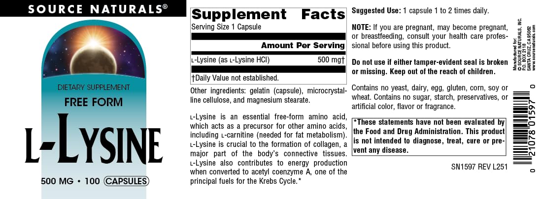 Source Naturals L-Lysine Free Form Amino Acid Supplement Capsules, 100 Count