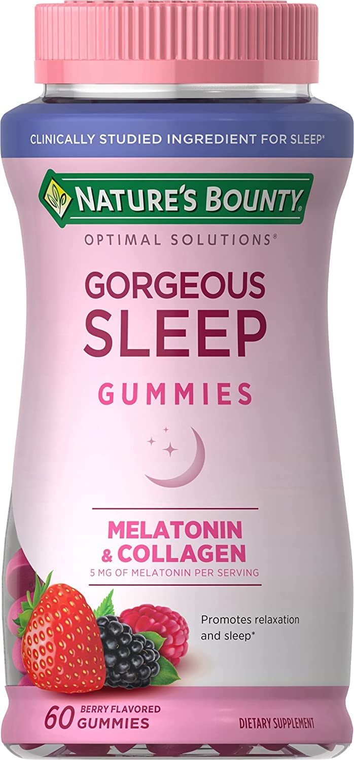 Nature's Bounty Optimal Solutions Gorgeous Sleep Melatonin 5mg Gummies with Collagen, Assorted Fruit Flavors, 120 Gummies