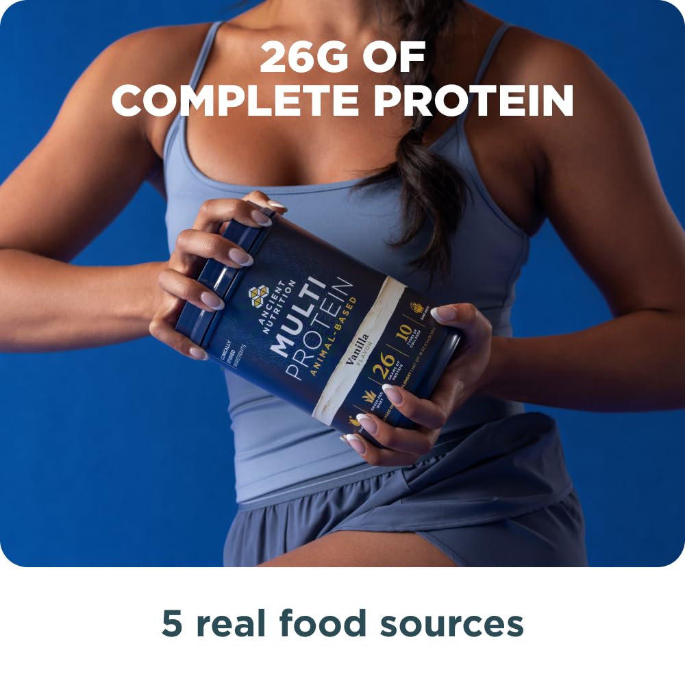 Ancient Nutrition Grass Fed Multi Protein, Bone Broth, Whey, Vanilla Bean Protein Powder, 18 Servings