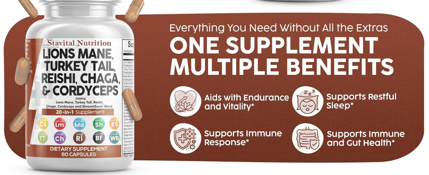 Stayvital Nutrition Organic Mushroom 20-in-1 Supplement 1200mg Vegan Capsules, 60 Capsules