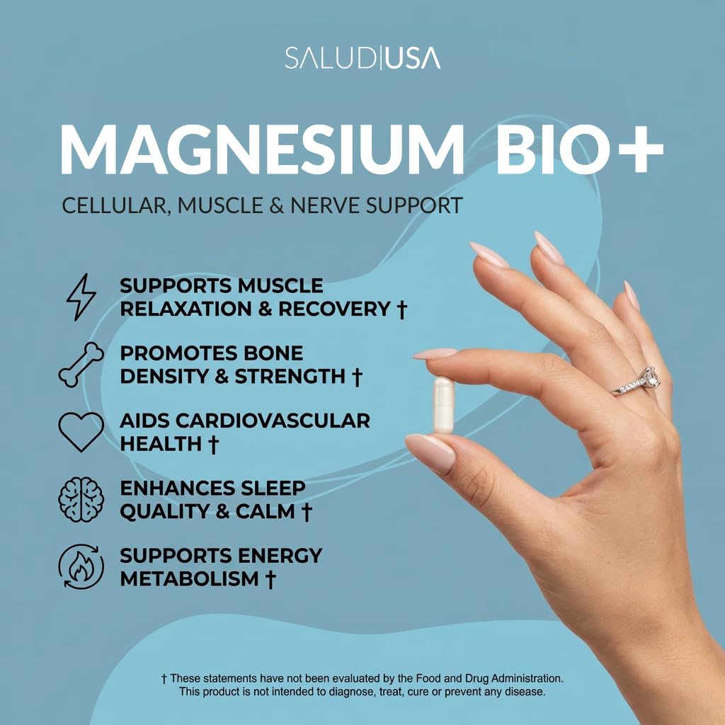 SALUD USA Magnesium BIO+ with Taurine & Vitamin B6 Magnesium Supplement for Muscle Support, Nerve Health, Cellular Energy Production, Metabolism Support & Heart Health, 60 Capsules