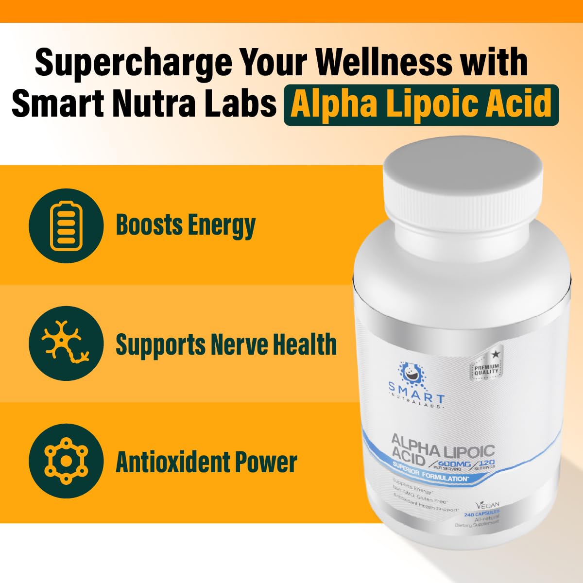 Smart Nutra Labs Alpha Lipoic Acid 600mg Supplement Capsules 240 Count