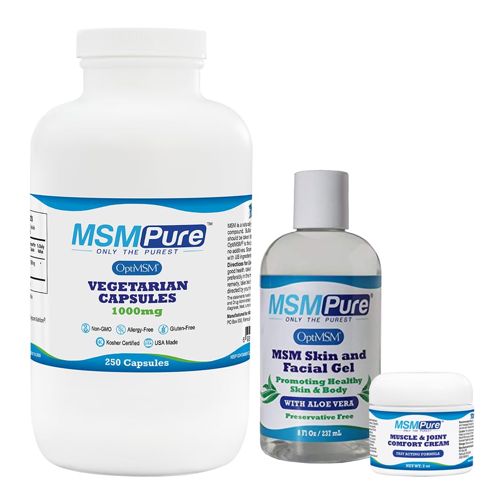 KALA HEALTH MSMPure Starter Bundle MSM Capsules 250 Count, MSM Muscle & Joint Cream 2oz, MSM Gel with Organic Aloe 8oz