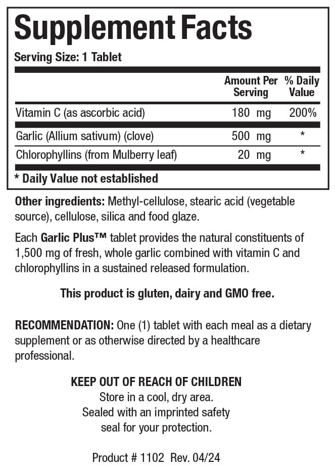 BIOTICS RESEARCH Garlic Plus Pure Garlic Concentrate Plus Vitamin C and Chlorophyllins, Supports Cardiovascular Health, Immune Function, Strong Antioxidant 100 Tablets