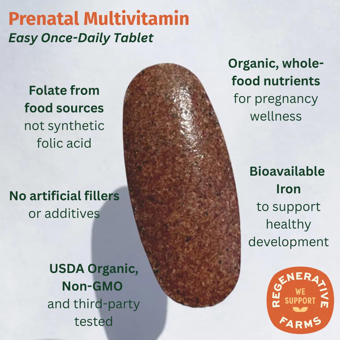 EarthFirst Organic Prenatal Once Daily Multivitamin for Women for Conception, Pregnancy, Postpartum & Breastfeeding, Folate, Iron & Organic Whole Food Blend, Vegan, 60 Tablets