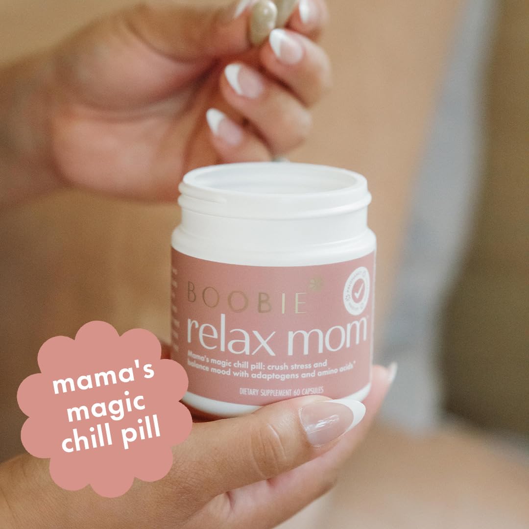Boobie Brands Relax Mom Pregnancy & Postpartum Stress Support for Women, Breastfeeding Friendly Calm Mood Supplement with Adaptogens, 60 Capsules