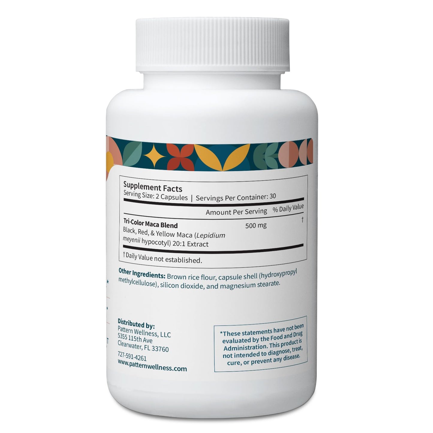 Pattern Wellness Maca Root Extract 20:1-500mg Per Serving Vegan, Non-GMO Capsules 60 Capsules
