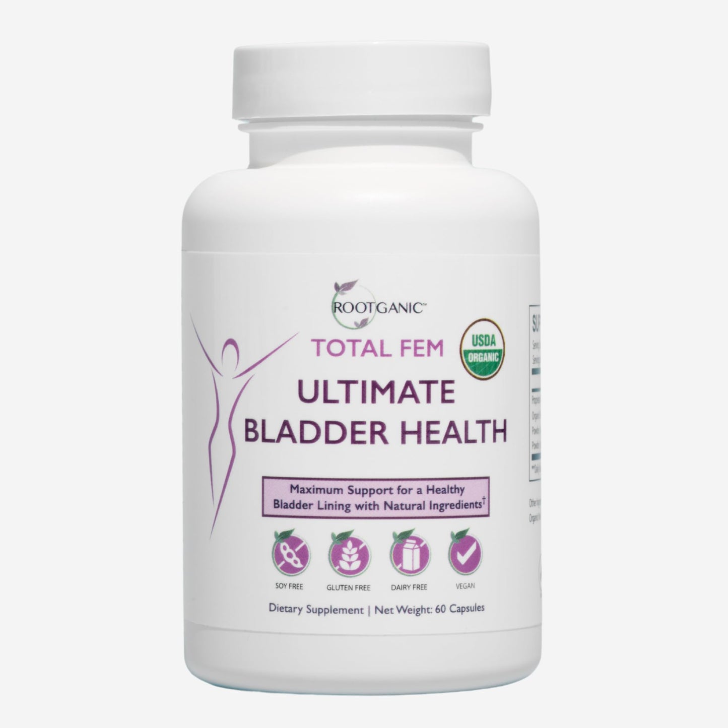 Rootganic Total Fem Ultimate Bladder Health for Women with USDA Organic D-Mannose, Cranberry Powder, Uva Ursi and Hibiscus Flower Extract Capsules, 60 Count
