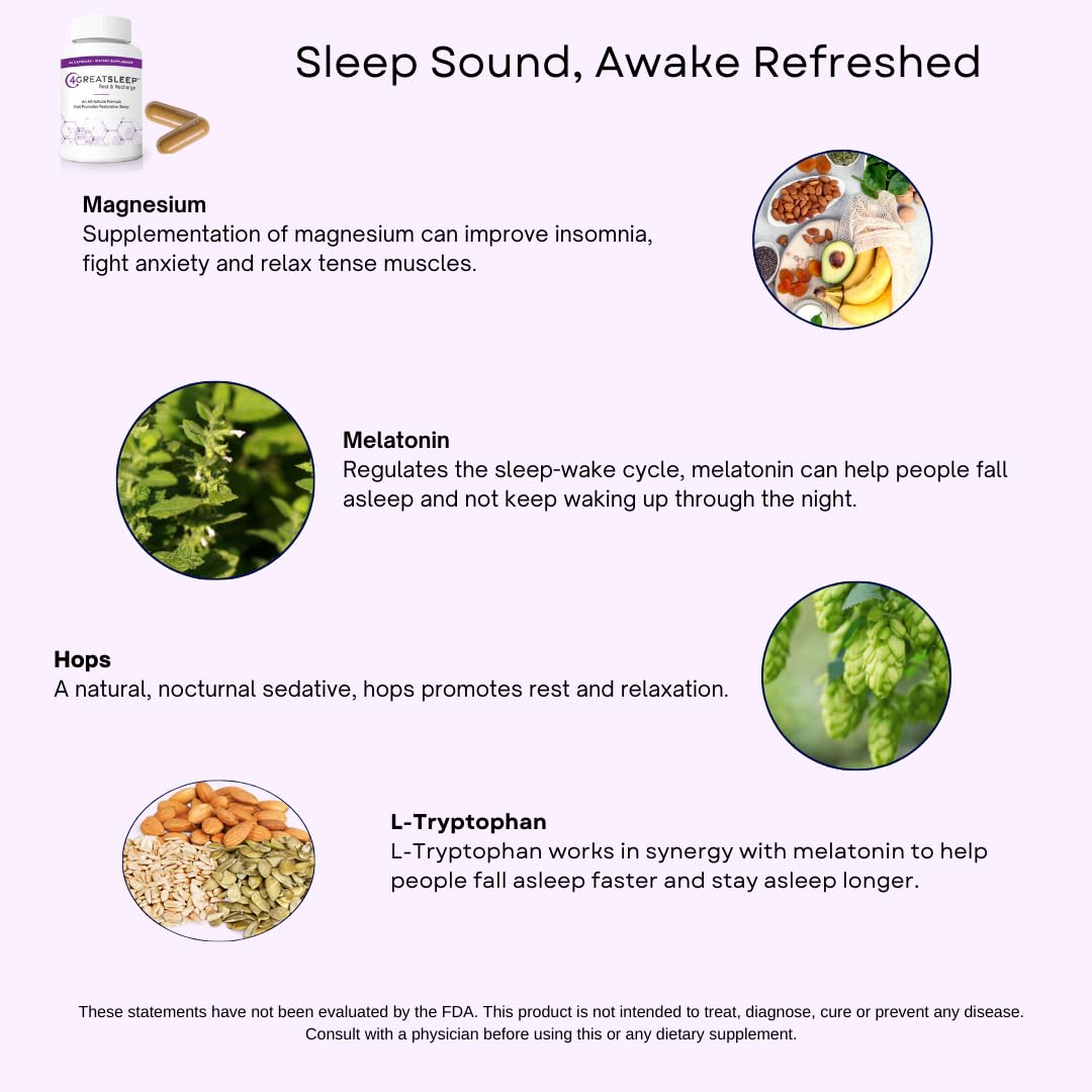 4GREATSLEEP Rest & Recharge Natural Sleep Aid with Melatonin, GABA, Ashwagandha & L-Tryptophan, 60 Capsules