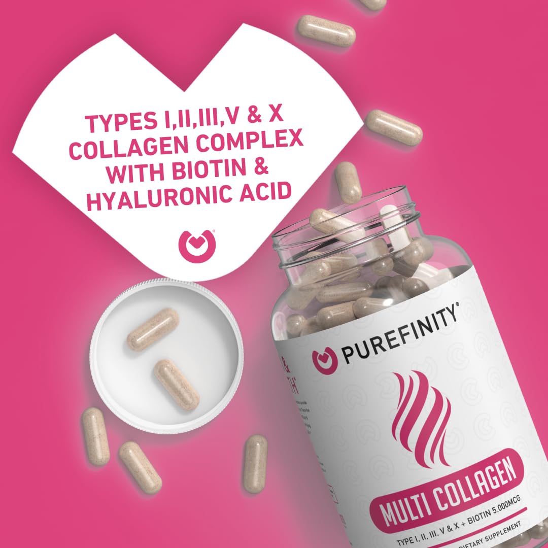 PUREFINITY Collagen Peptides for Women – Type I, II, III, V & X with Biotin & Hyaluronic Acid, Supports Healthy Skin, Bones, Hair & Nails – Non-GMO, Grass-Fed 90 Capsules