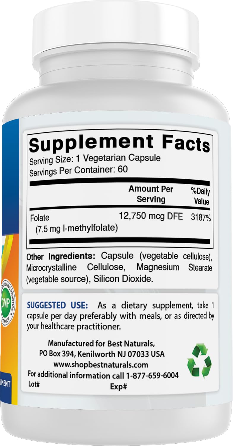 Best Naturals Methyl Folate 7500 mcg (7.5 mg) Veggie Capsule, 60 Count