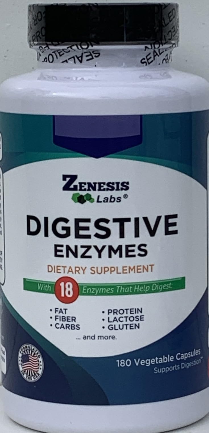 Zenesis Labs Digestive Enzymes with Amylase, Bromelain, Protease, Lipase, and 14 Other Enzymes, 180 Capsules