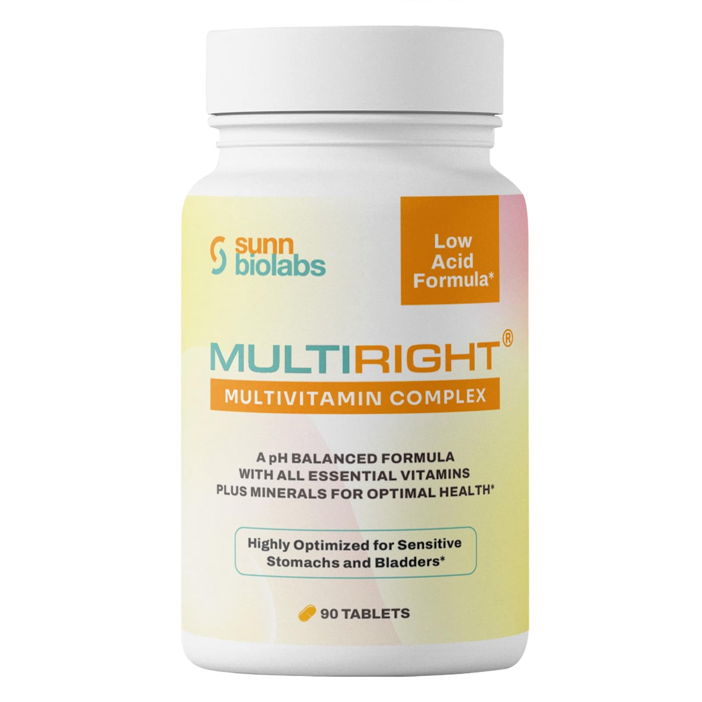 SUNN BIOLABS Multiright Low-Acid Multivitamin, Bladder-Friendly, Buffered Vitamin C, 90 Capsules