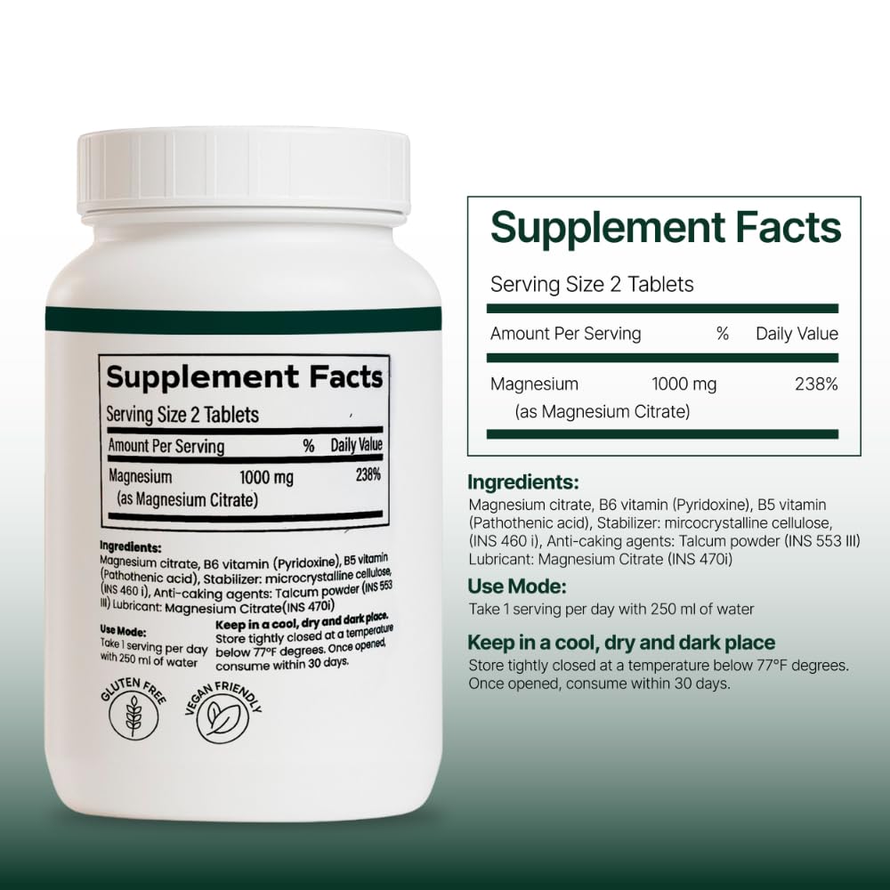 VRS SUPLEMENTS Magnesium Citrate 1000mg Tablets, 60 Tablets