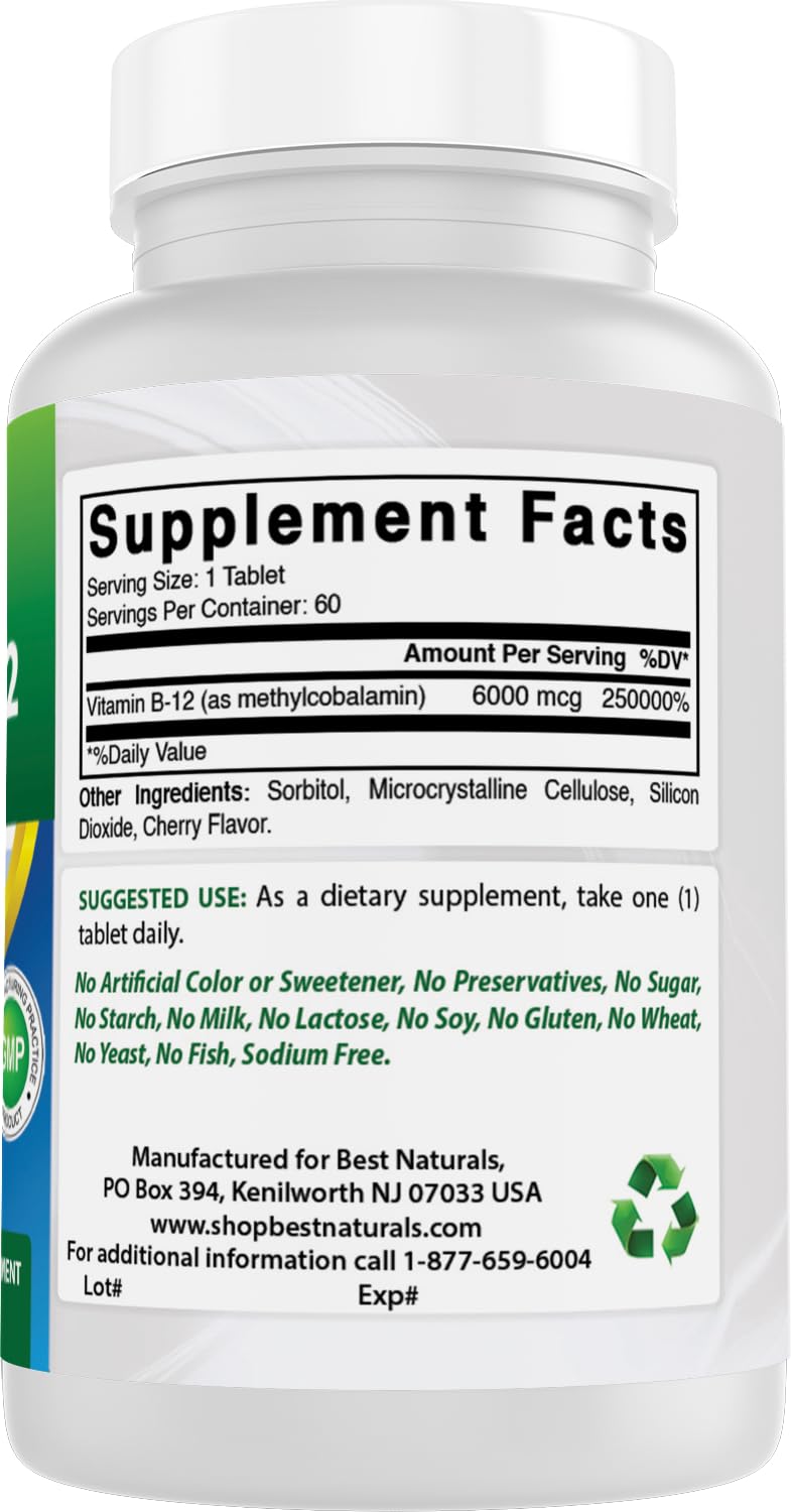 Best Naturals Vitamin B-12 as Methylcobalamin (Methyl B12), 6000 mcg Sublingual Tablets, 180 Tablets