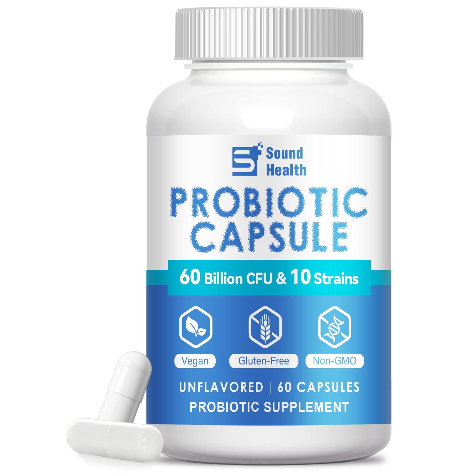 Sound Health Bloom 60 Billion CFU Probiotic Capsules with Prebiotics, 10 Strains Digestive Gut Support Probiotics Supplement for Adults, Vegan, Non-GMO, Gluten Free, 60 Capsules