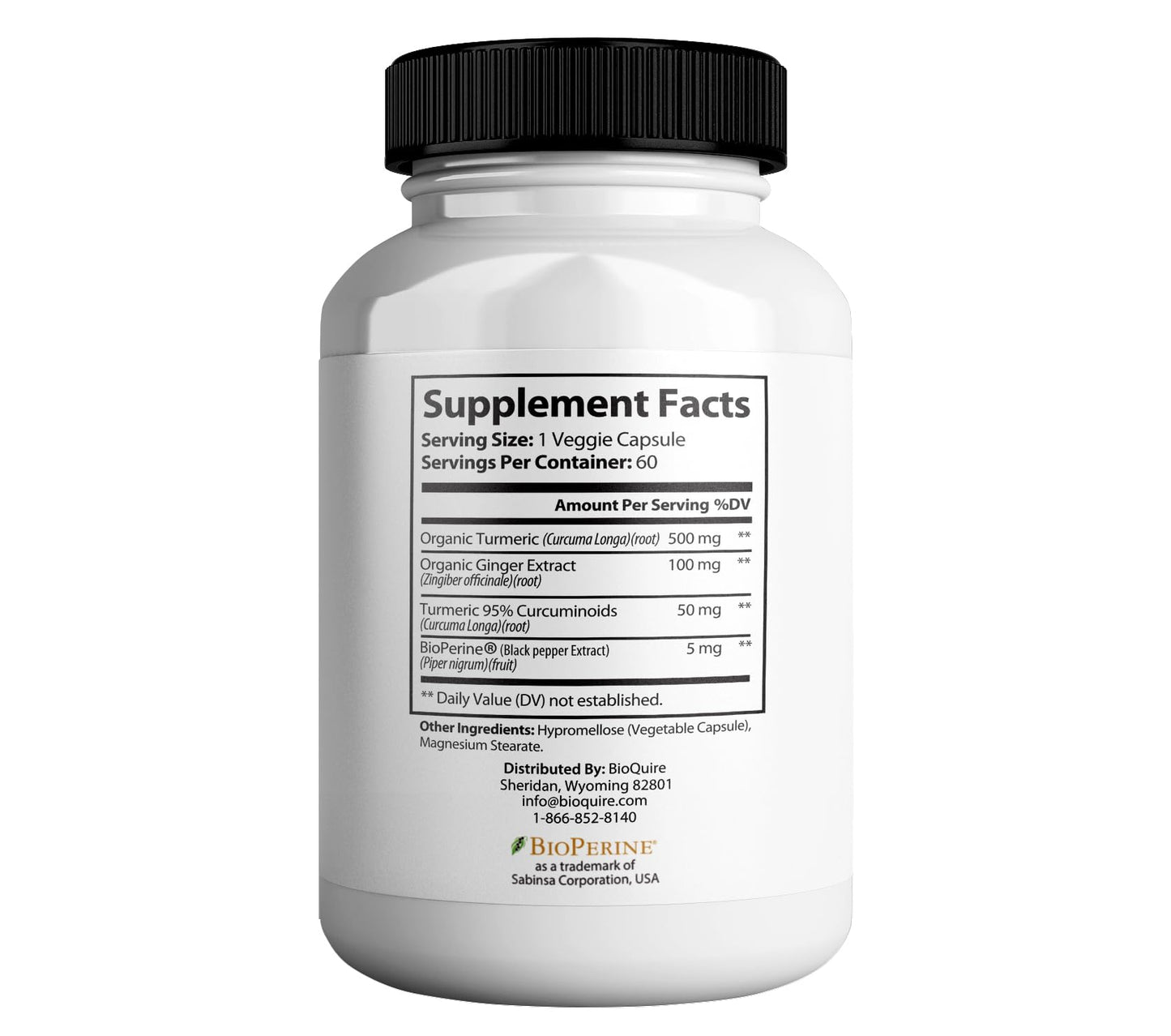 BIOQUIRE Organic Turmeric Capsules with Ginger Root and BioPerine, 95% Curcuminoids, 500mg, 60 Capsules