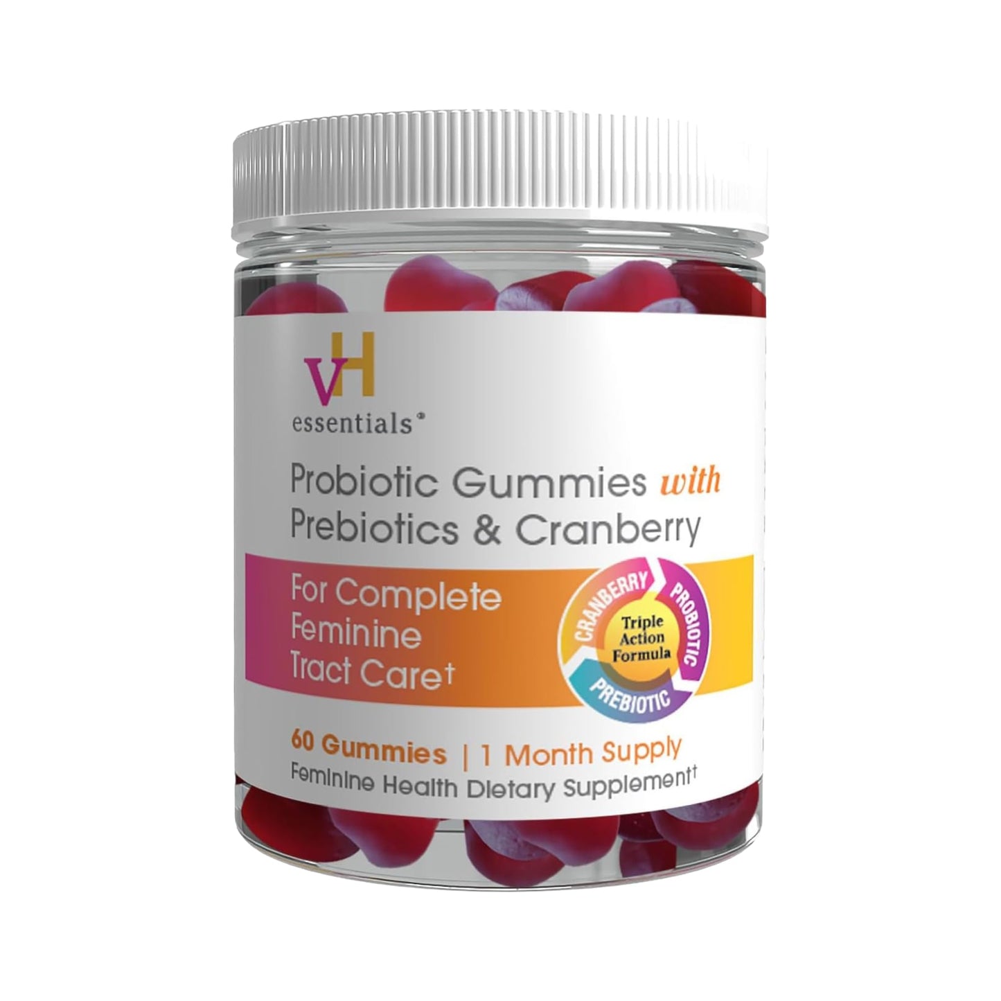 vH essentials Probiotic Gummies with Prebiotics & Cranberry, Concentrated Extract for Urinary Tract Health, Supports Vaginal Microflora Balance for a Healthy Feminine Tract, 60 Gummies