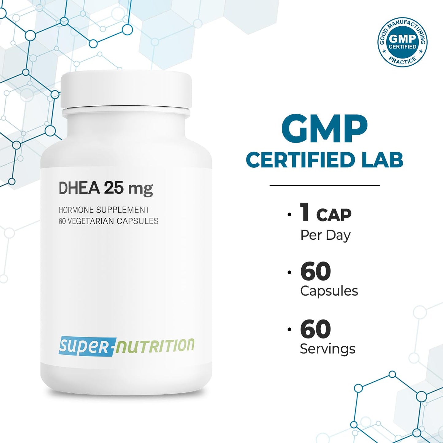 Supersmart DHEA 25mg Per Day DHEA Supplement Capsule, 60 Count