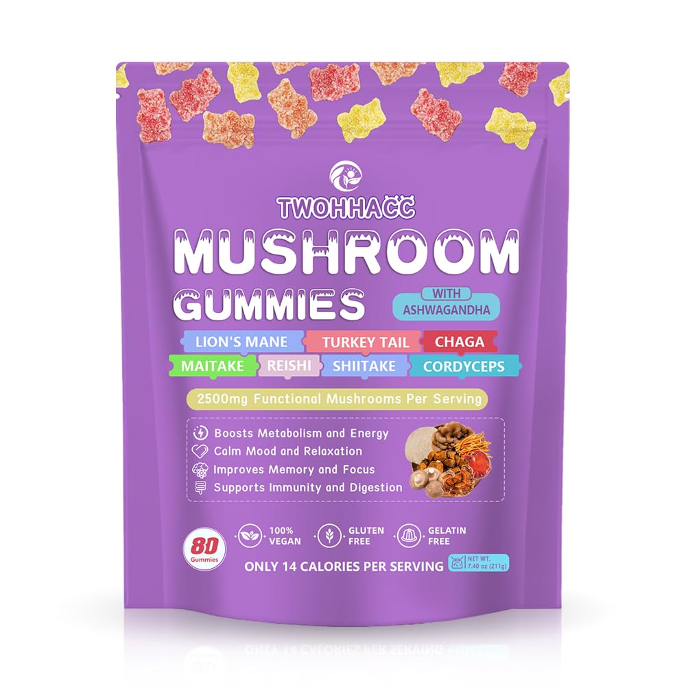 TWOHHACC Mushroom Supplement Gummies with Ashwagandha and Lions Mane, Maitake, Turkey Tail, Reishi, Chaga, Shiitake, Cordyceps Nootropic Brain Supplement for Focus, Memory, Immune Support and Stress Relief, 80 Count