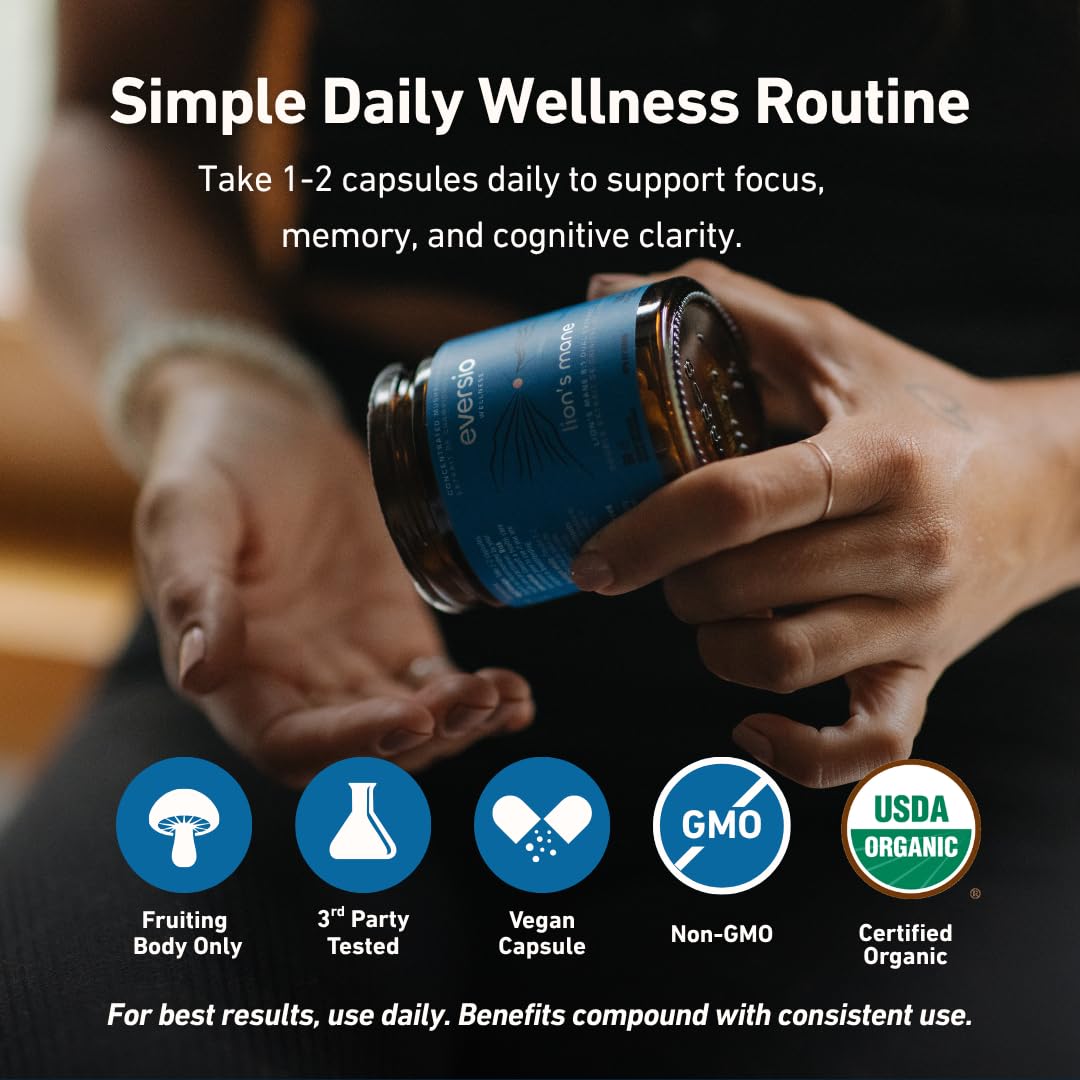 Eversio Wellness Organic Lion’s Mane Capsules – 8:1 Dual Extract, 500mg per Capsule, >35% Beta-Glucans – Fruiting Body Mushroom Supplement for Focus & Memory Support, 60 Capsules