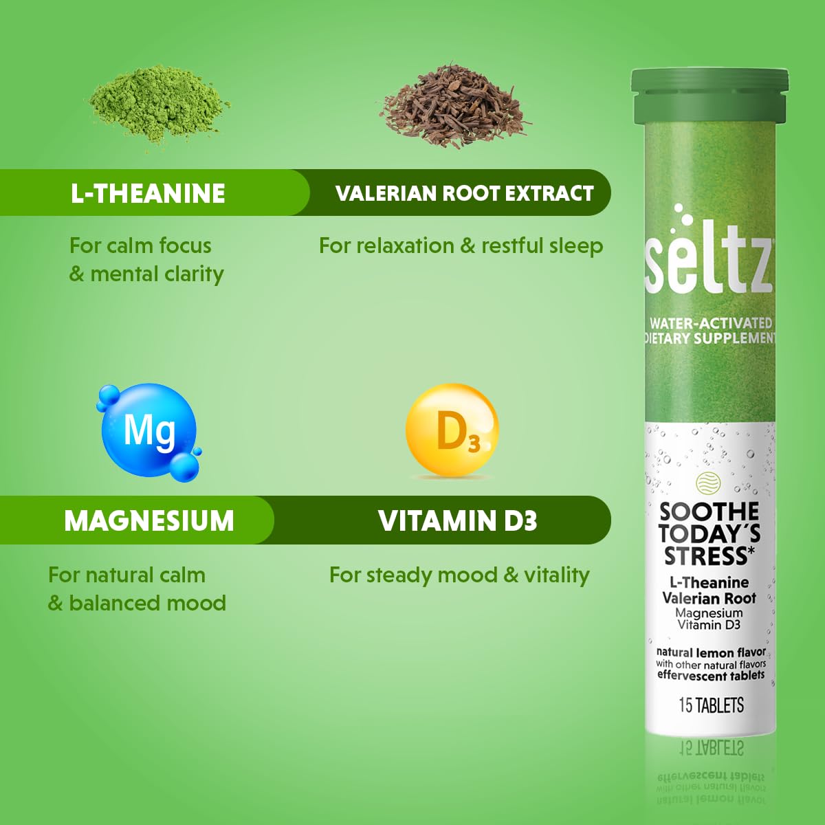 Seltz Soothe Today’s Stress – Effervescent Vitamins for Relaxation & Focus with L-Theanine, Magnesium & Vitamin D3, Lemonade Flavor, 90 Tablets
