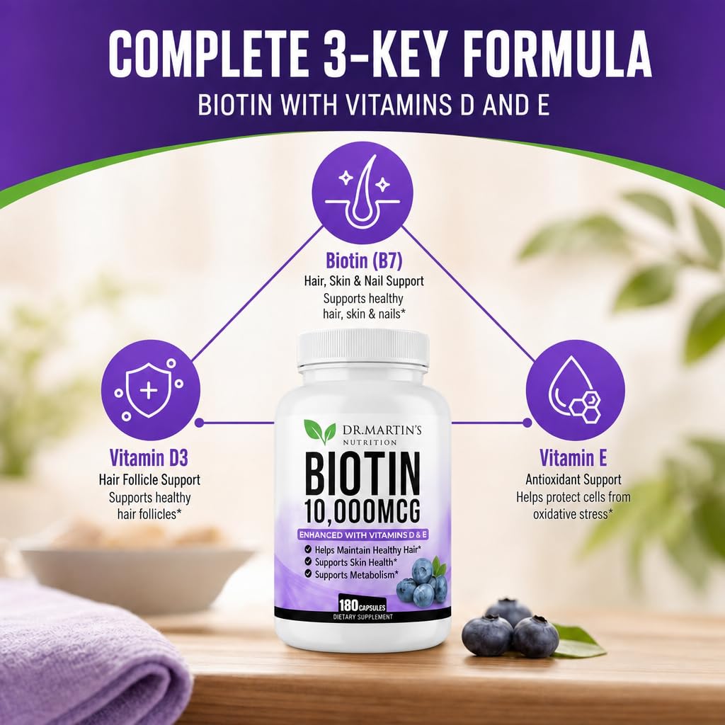 Dr. Martin's Nutrition Biotin 10000mcg Hair Skin & Nails Vitamins with Vitamin D3 & E, 180 Capsules