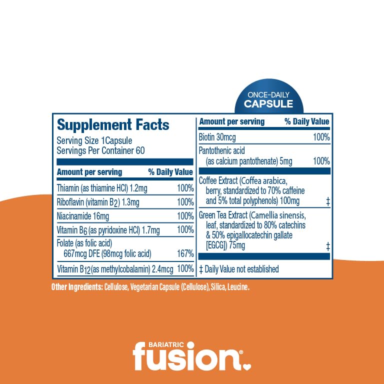 Bariatric Fusion B Vitamins for Energy Support B-Complex with 70mg Natural Caffeine Capsules, 1 Capsule