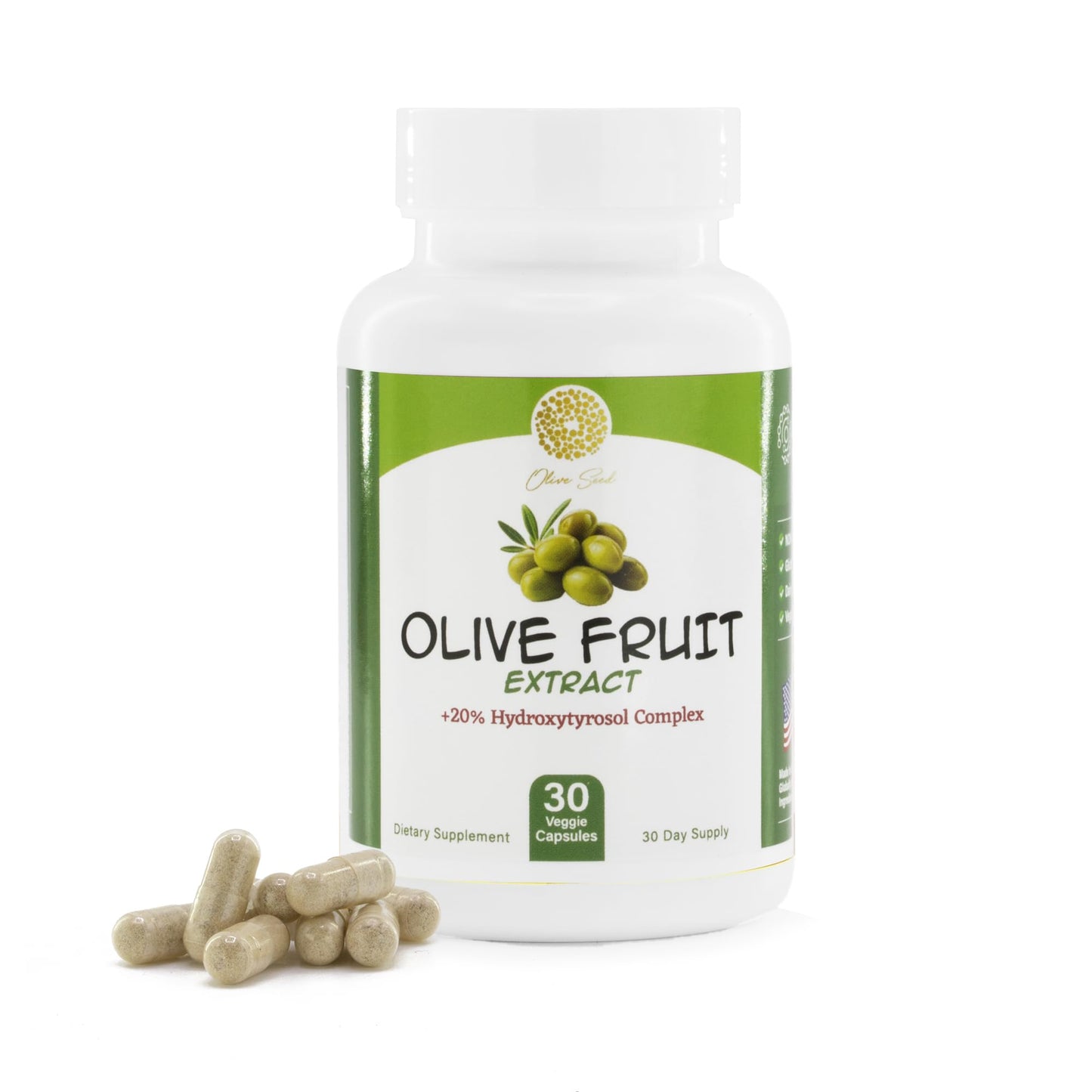 Olive Seed Olive Fruit Extract Supplement 50 mg - Standardized to 20% Hydroxytyrosol Capsule, 30 Count