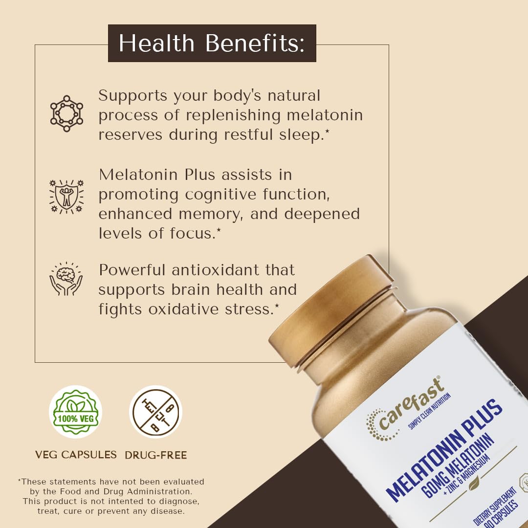CAREFAST Melatonin Plus Extra Strength High Dose Sleep Supplement 60mg Capsules, 90 Count