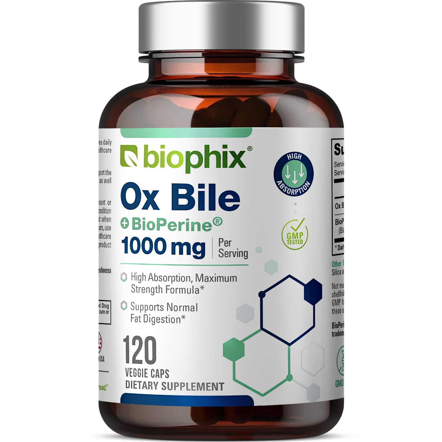 Biophix Ox Bile 1000 mg with BioPerine Veggie Capsules, 120 Count