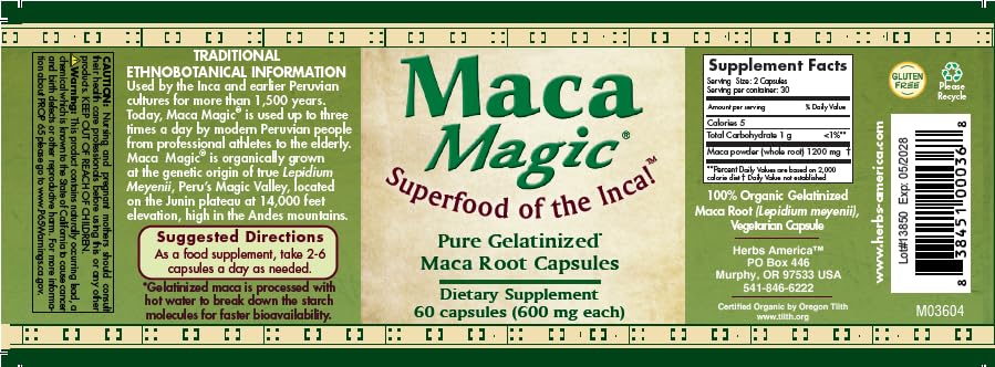 Maca Magic 100% Organic Gelatinized Powder Maca Vegan Capsules, 60 Capsules