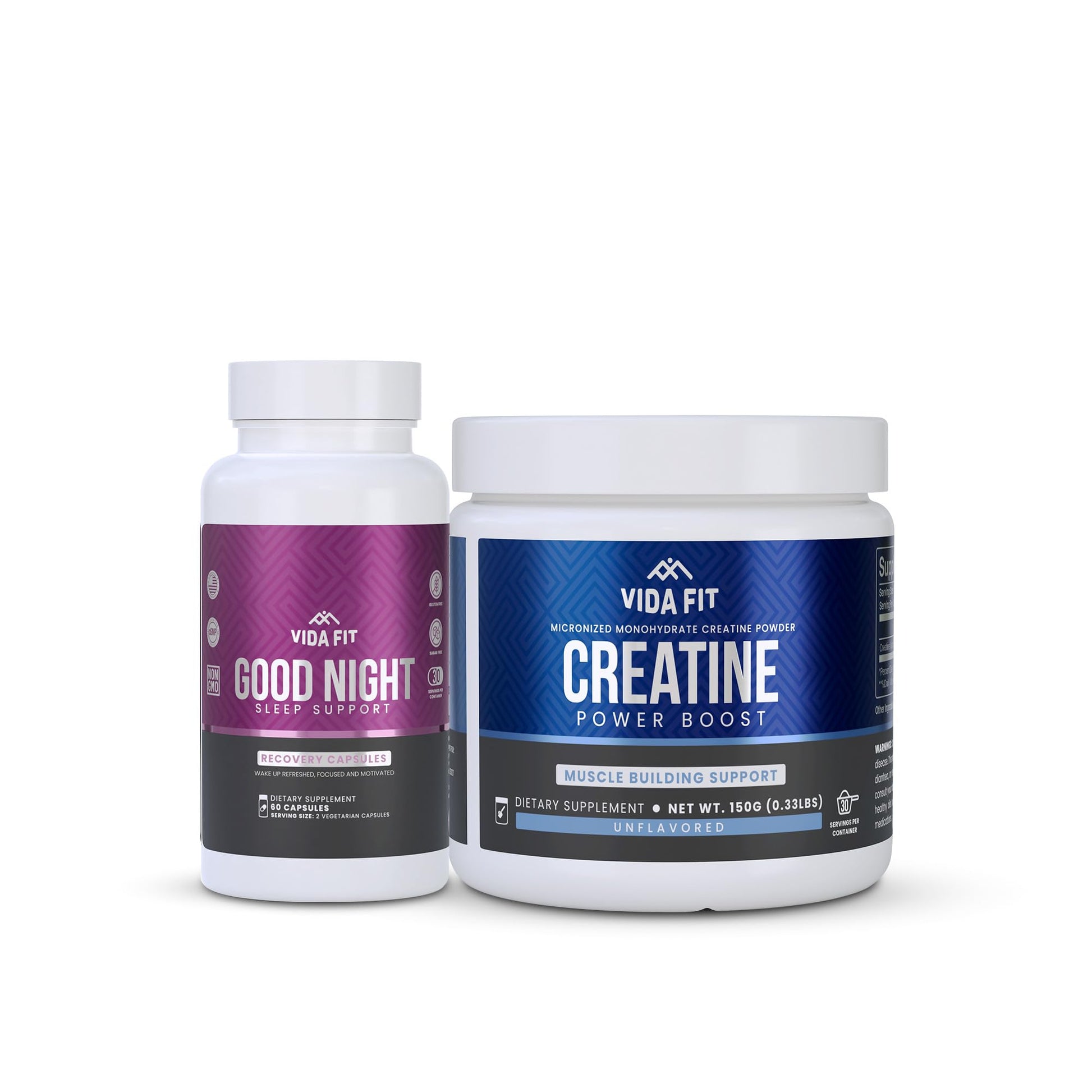 Vida Fit Good Night Natural Sleep Aid (60 Capsules) & Micronized Creatine Monohydrate Powder (150 g) Bundle