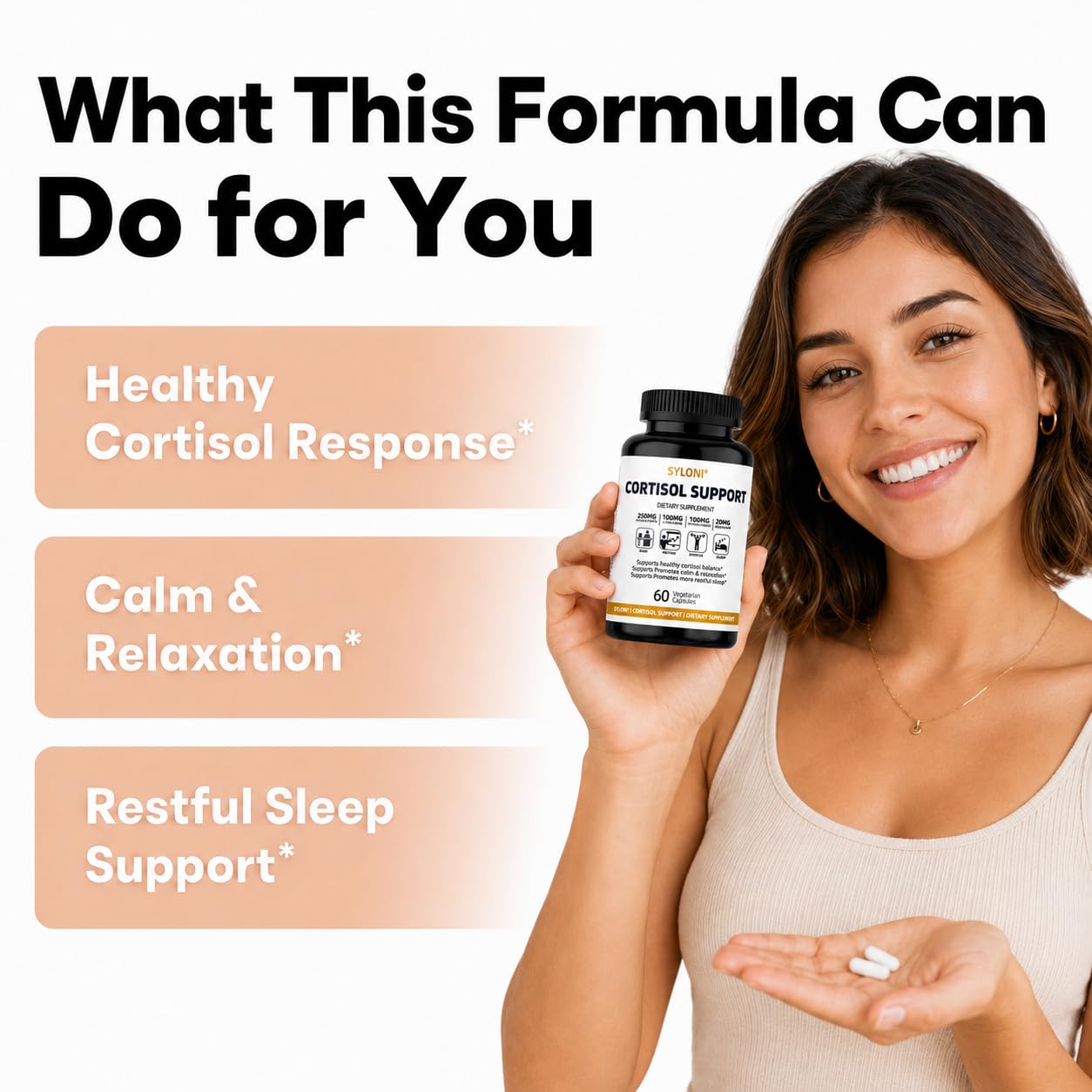 Syloni Cortisol Supplements for Women, Ashwagandha, L-Theanine & Passion Flower, Melatonin-Free Formula for Healthy Stress Response, Calm, Relaxation & Restful Sleep Capsules, 60 Count