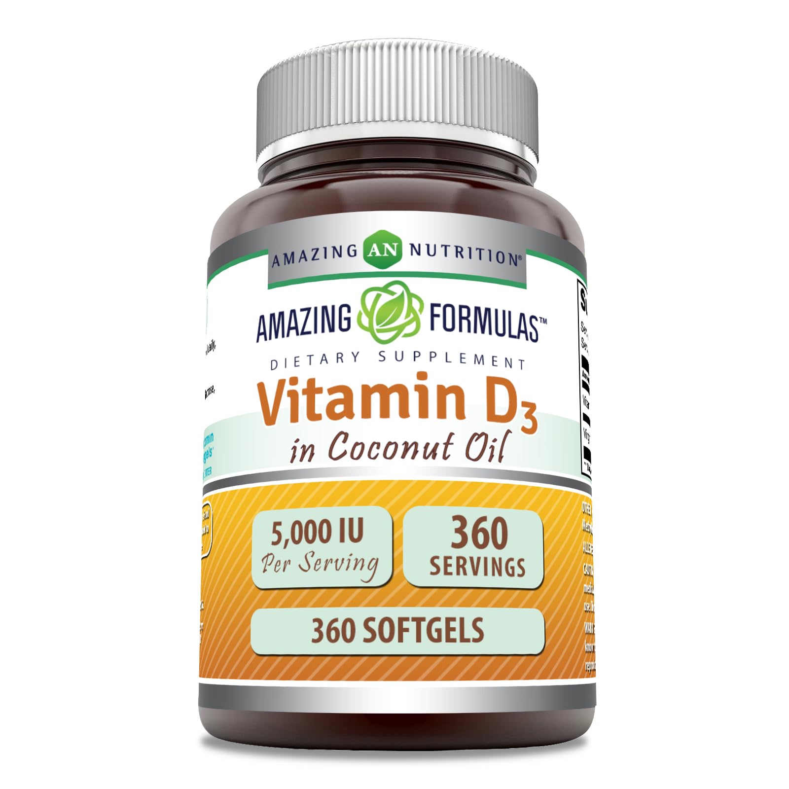 Amazing Nutrition Vitamin D3 in Coconut Oil 5000 IU Supplement Softgels, 360 Count
