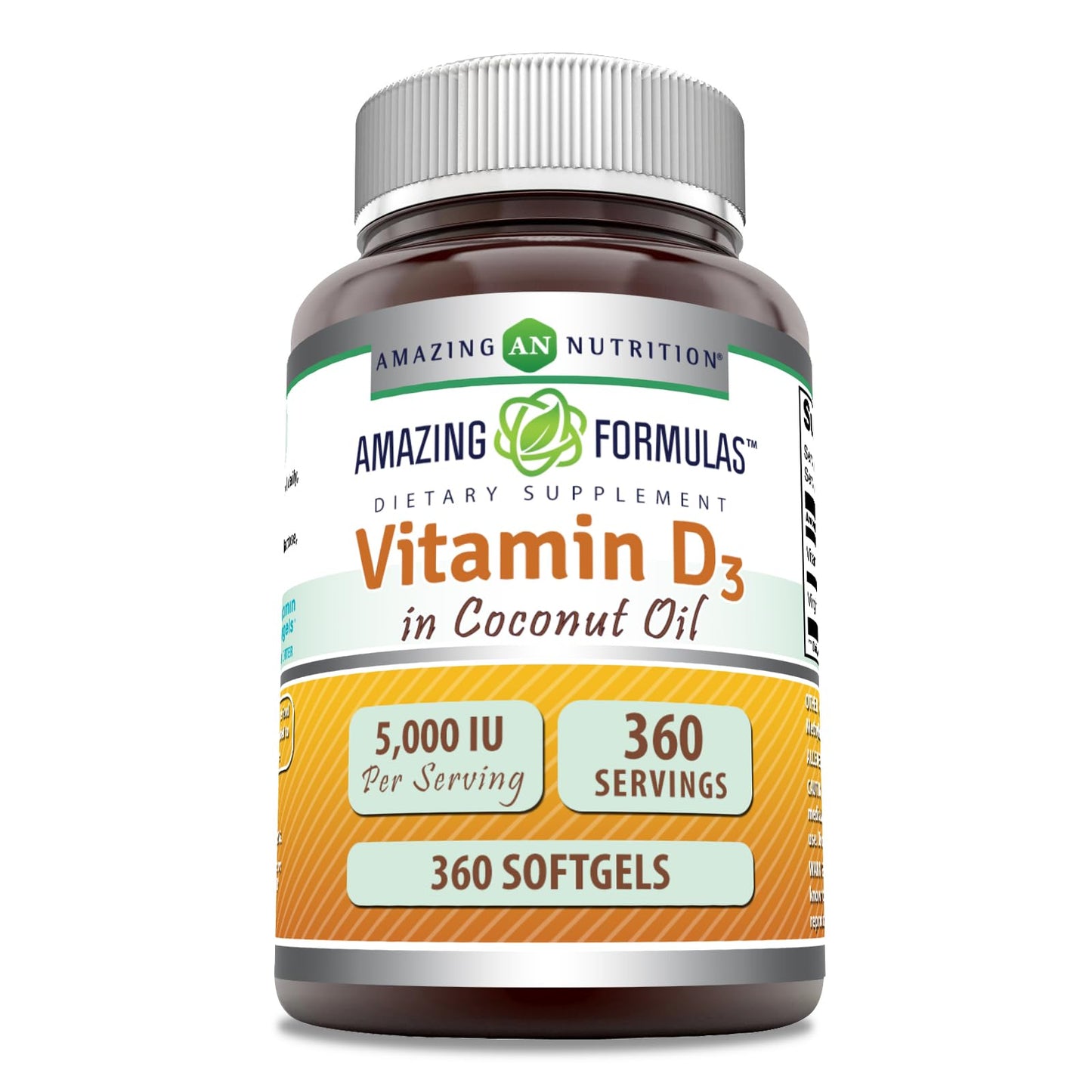 Amazing Nutrition Vitamin D3 in Coconut Oil 5000 IU Softgels 360 Count