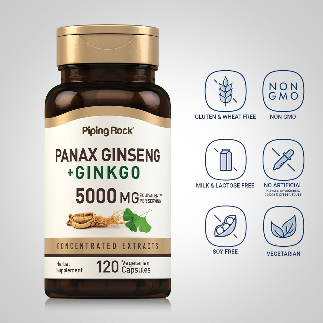 Piping Rock Panax Ginseng & Ginkgo Biloba Supplement 120 Capsules