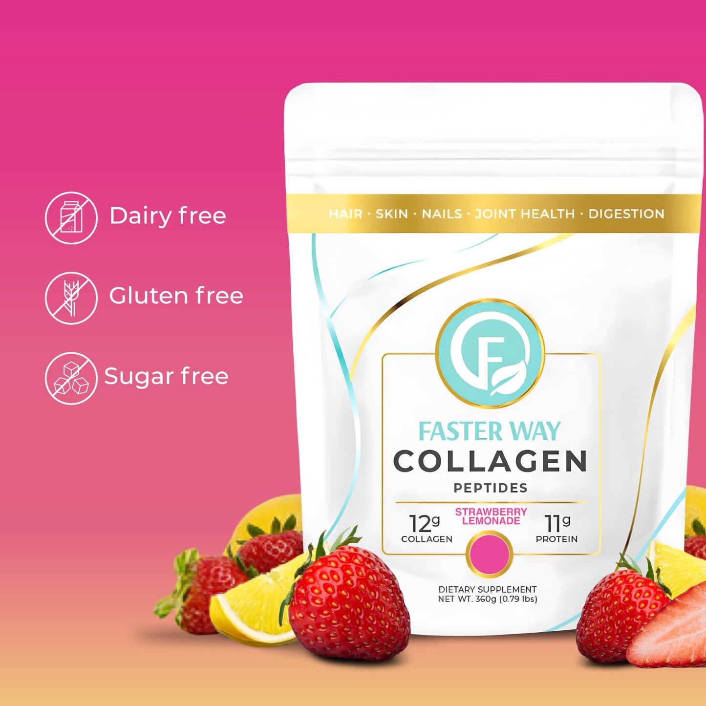 FASTer Way to Fat Loss Collagen Peptides Powder Strawberry Lemonade 13 Ounce