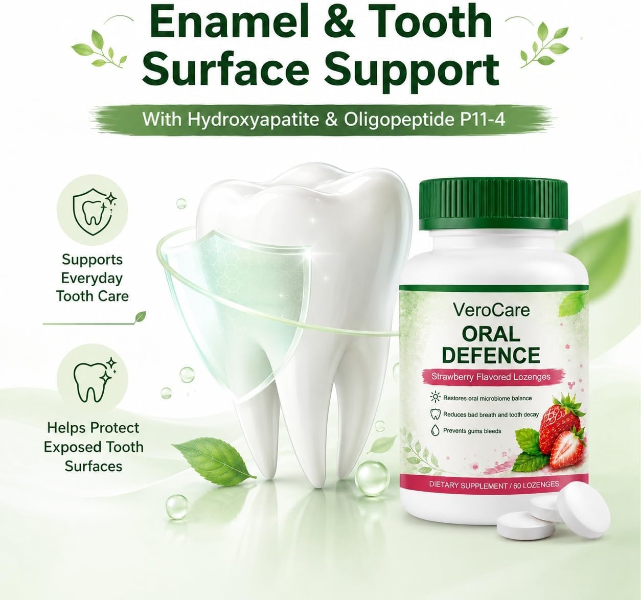VeroCare Oral Defense Lozenges with Oral Probiotics, Hydroxyapatite, Xylitol & Lactoferrin, Alcohol-Free for Fresh Breath, Gum & Tooth Care, 60 Tablets