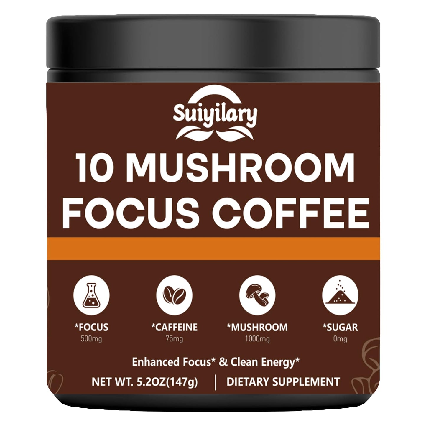 Suiyilary Mushroom Coffee with Focus Lion's Mane Extract Blend, Instant Coffee for Energy, Focus, Memory and Immunity, Powder, 5.2 oz