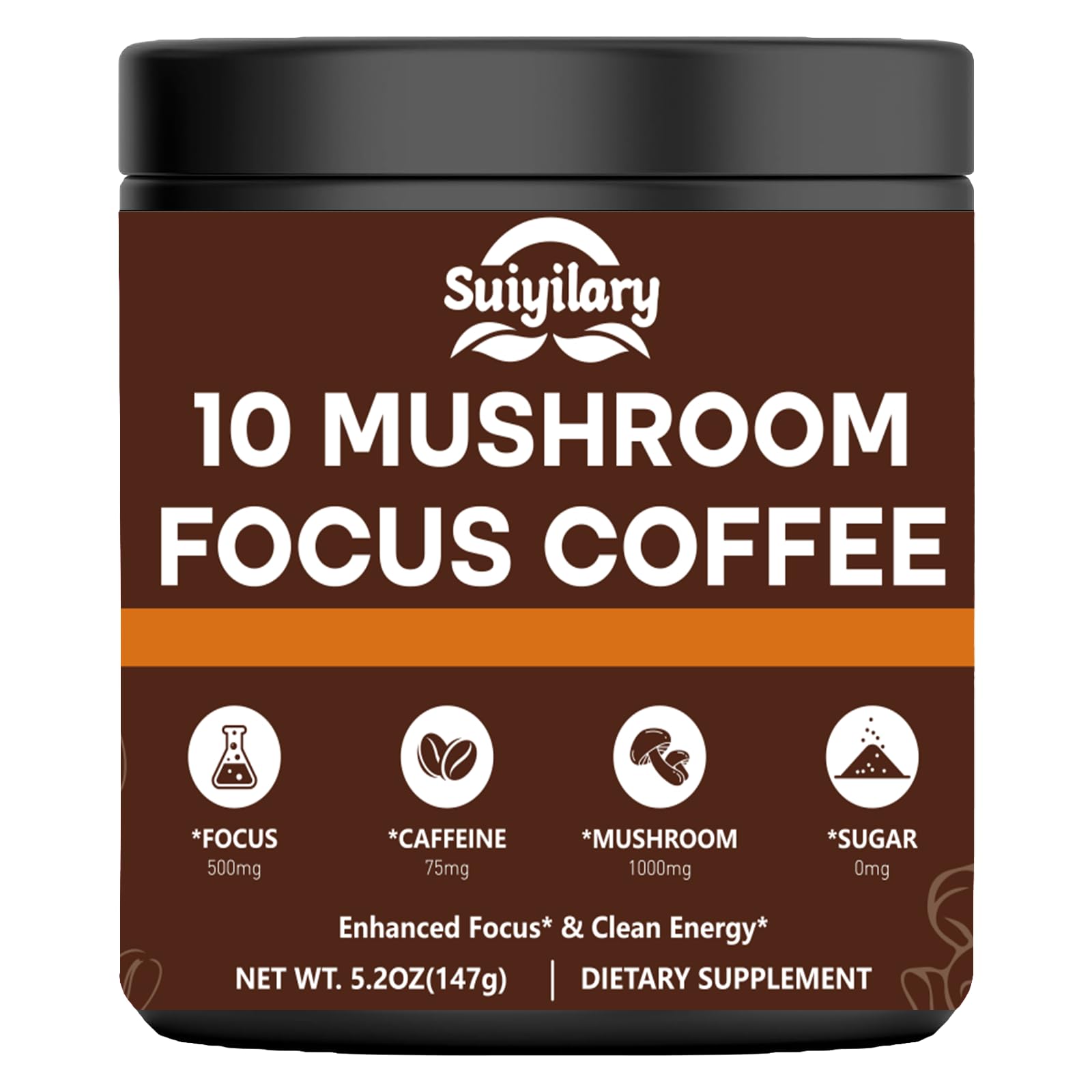Suiyilary Mushroom Coffee with Focus Lion's Mane Extract Blend, Instant Coffee for Energy, Focus, Memory and Immunity, Powder, 5.2 oz