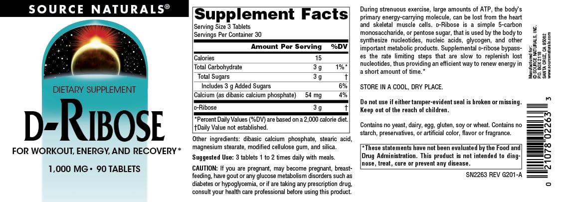 Source Naturals D-Ribose for Workout, Energy, and Recovery, 90 Tablets